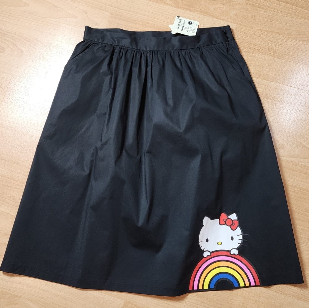 NWT ModCloth x Hello Kitty Let's Go Rainbow A-Line Black Skirt Cotton Large - Picture 11 of 16